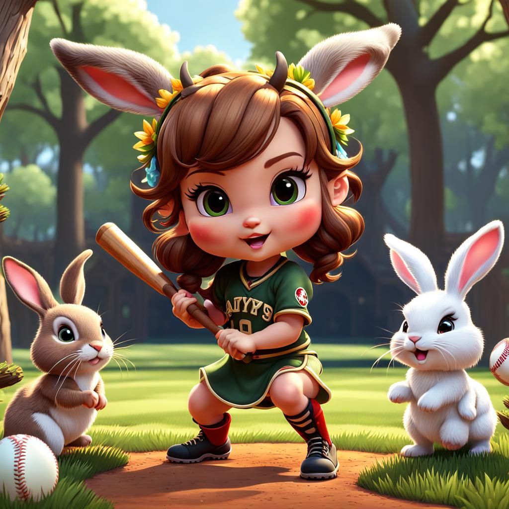 Chibi Satyr Plays Baseball with Rabbits: Anime Art
