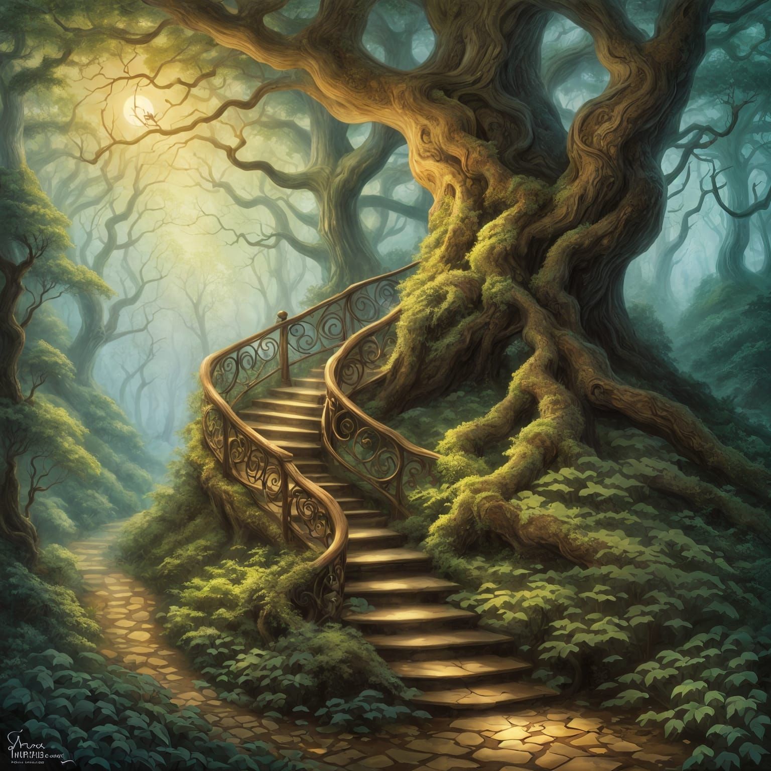 Ethereal Forest Staircase Inspired by Arthur Rackham
