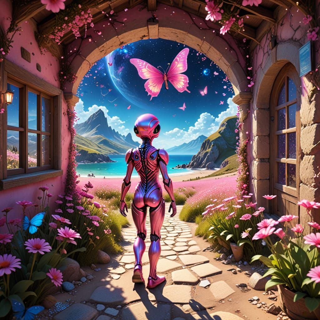 Alien on Pink Beach Under Starry Skies