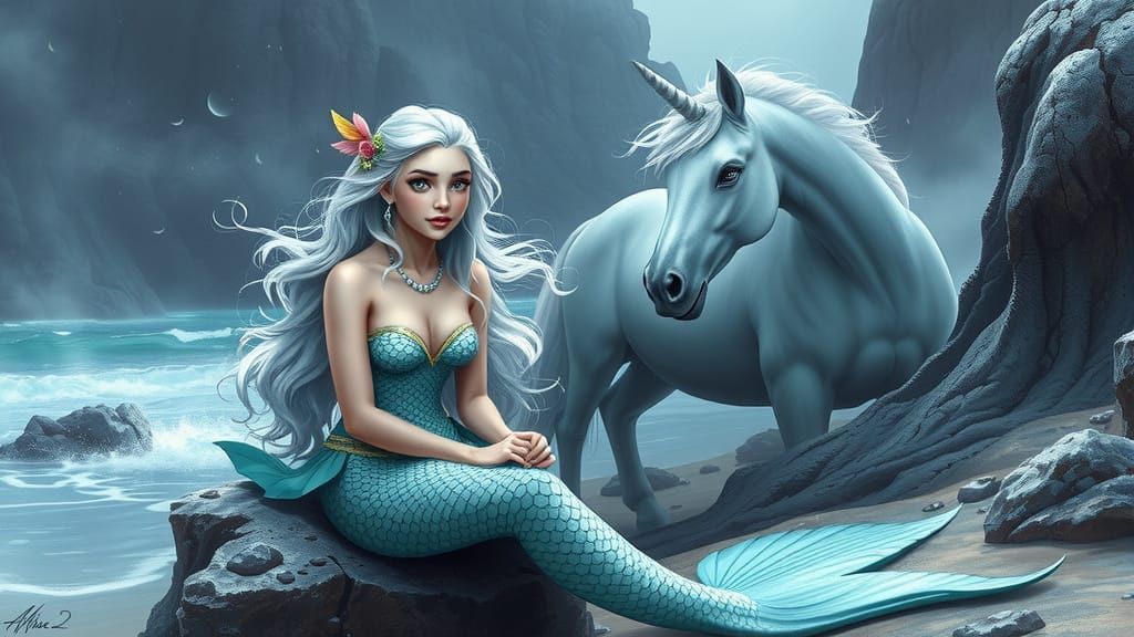 Mermaid Princess Talks to Unicorn on Windswept Beach