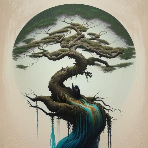 Yggdrasil as Bonzai Tree with Raven: Oil Painting