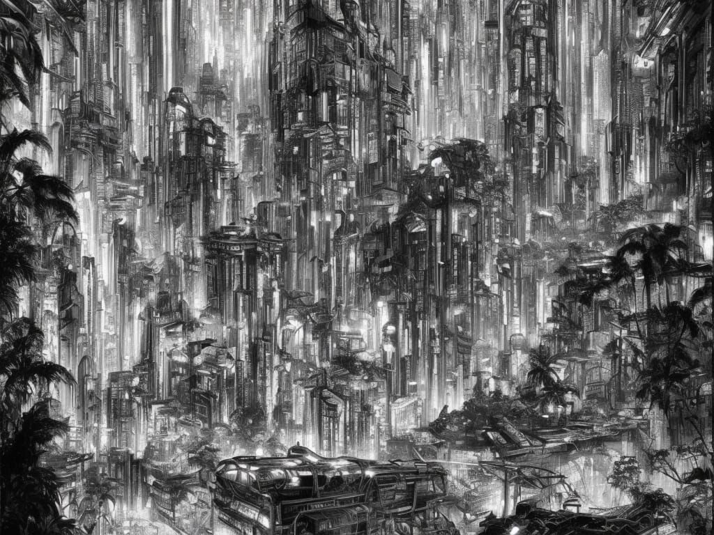 Year 3025: Cyberpunk City in Jungle Night