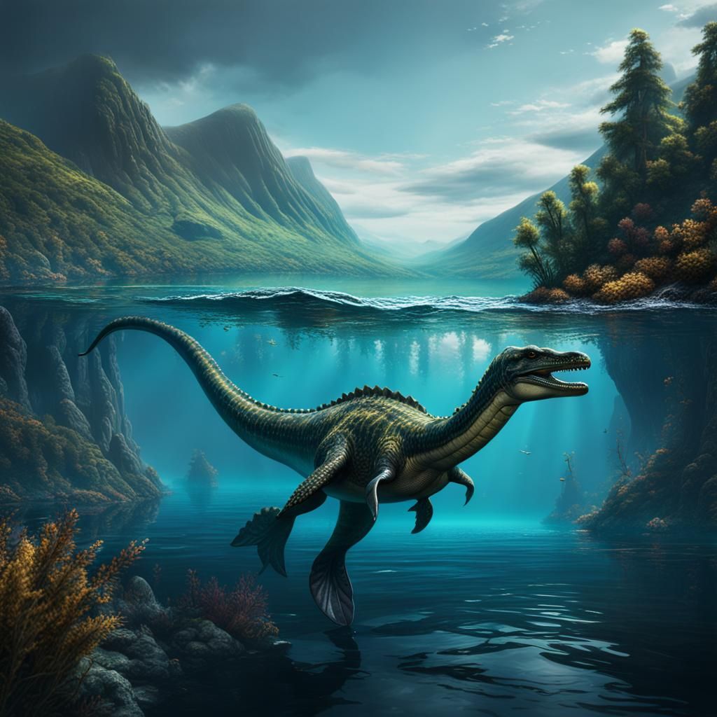 Plesiosaur Swimming in Loch Ness: Detailed Matte Painting
