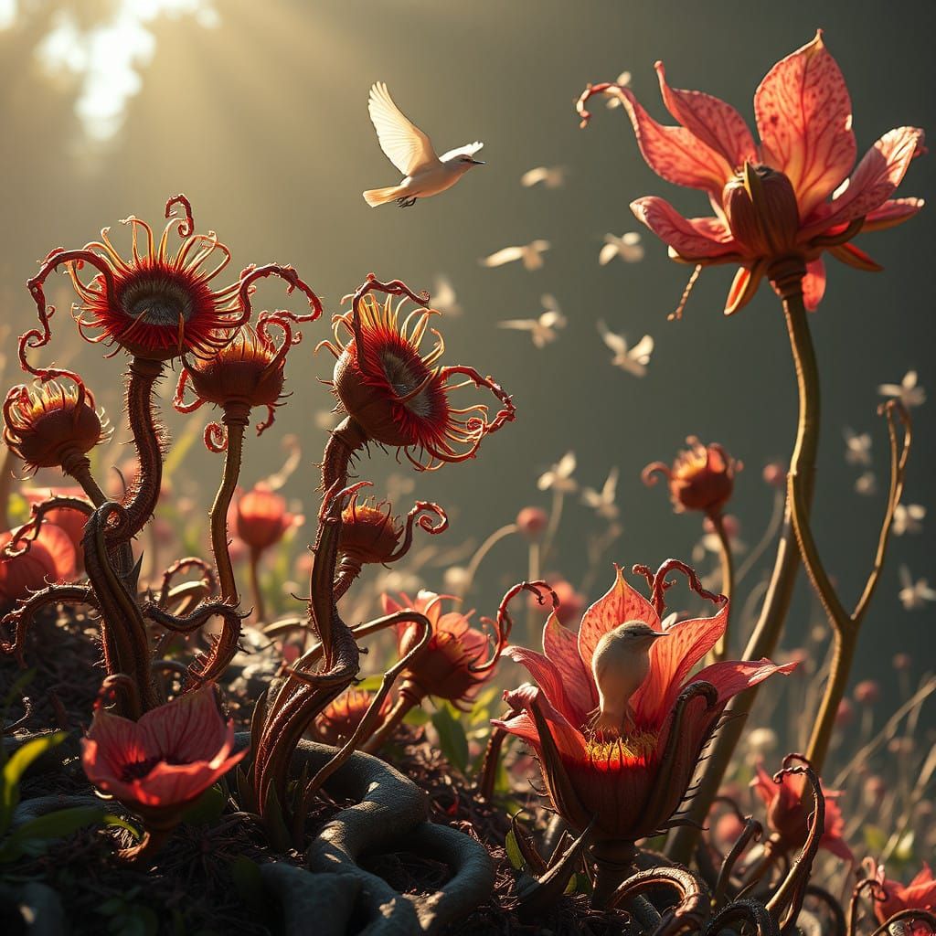 Surreal Carnivorous Plants Lure Prey in Dark Fantasy Landsca...