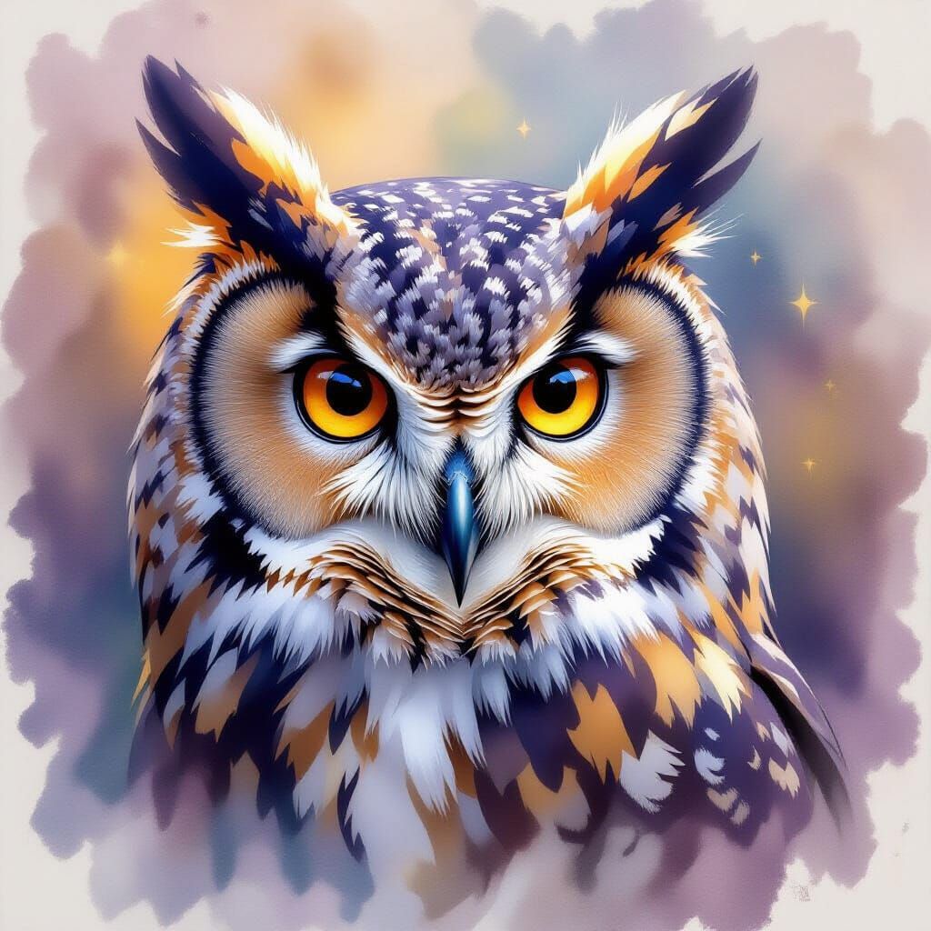 Hyperrealistic Watercolor Owl Portrait with Dramatic Lightin...