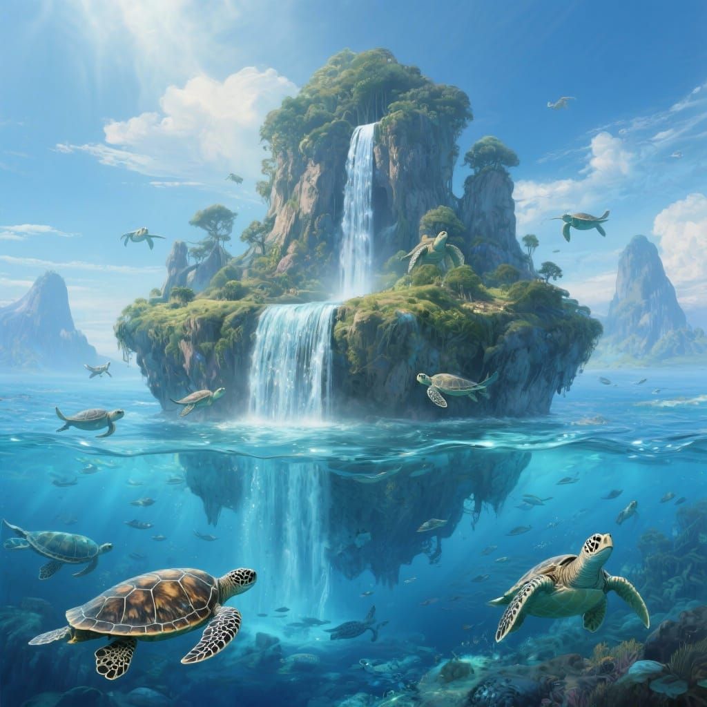 Majestic Floating Island with Waterfall and Sea Turtles