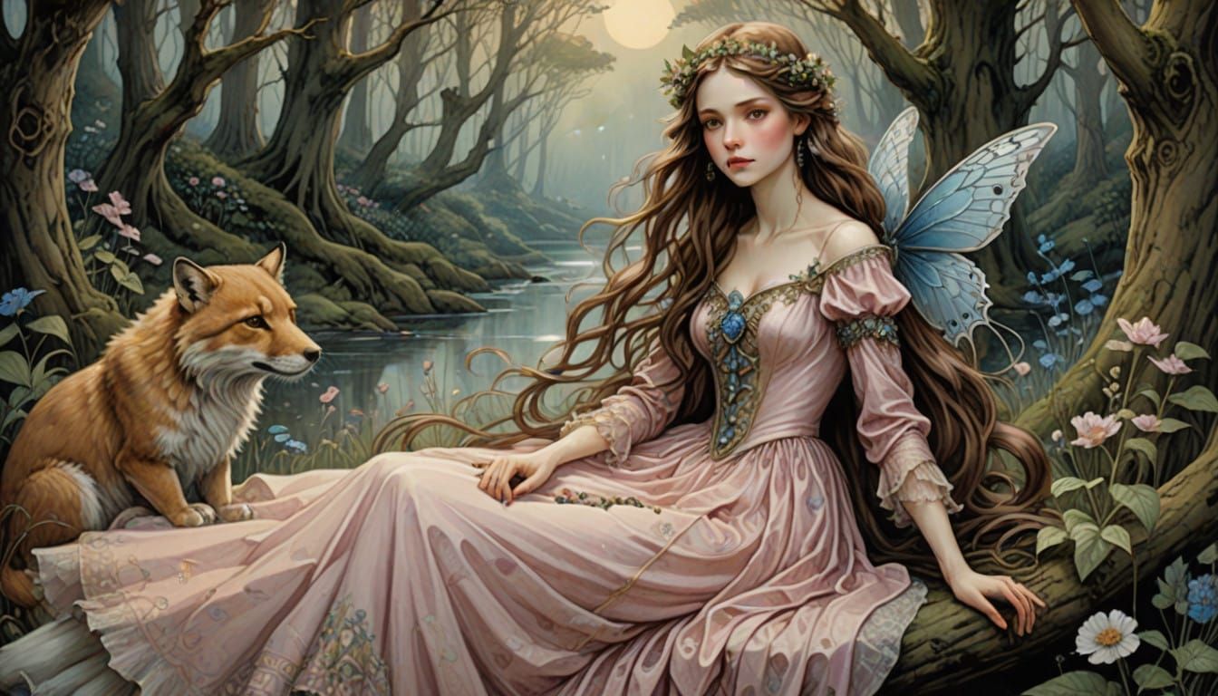 Regal Prince Admires Enchanted Princess in Whimsical Forest