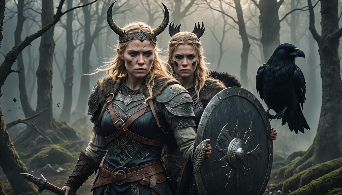 Viking Shieldmaiden with Raven in Mystical Forest