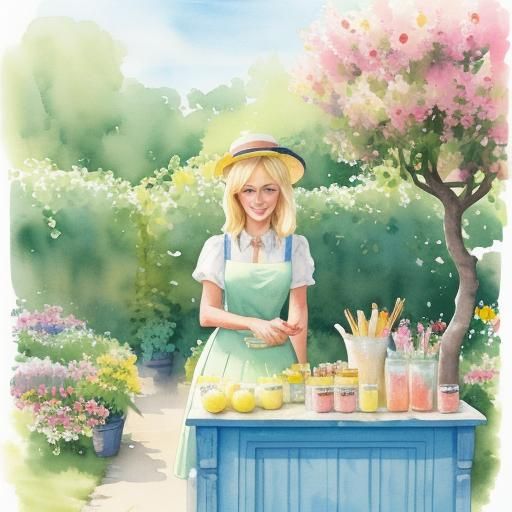 Blonde Girl Selling Lemonade: Watercolour Illustration