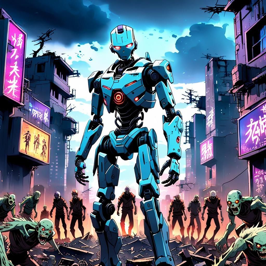 Cyborg Hero Stands Tall in Post-Apocalyptic Ruin, Anime Styl...