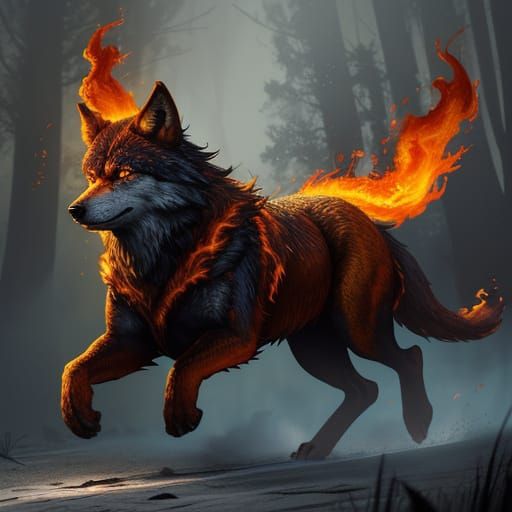 Fiery Wolf Unleashes Inferno in Dark Fantasy Realm