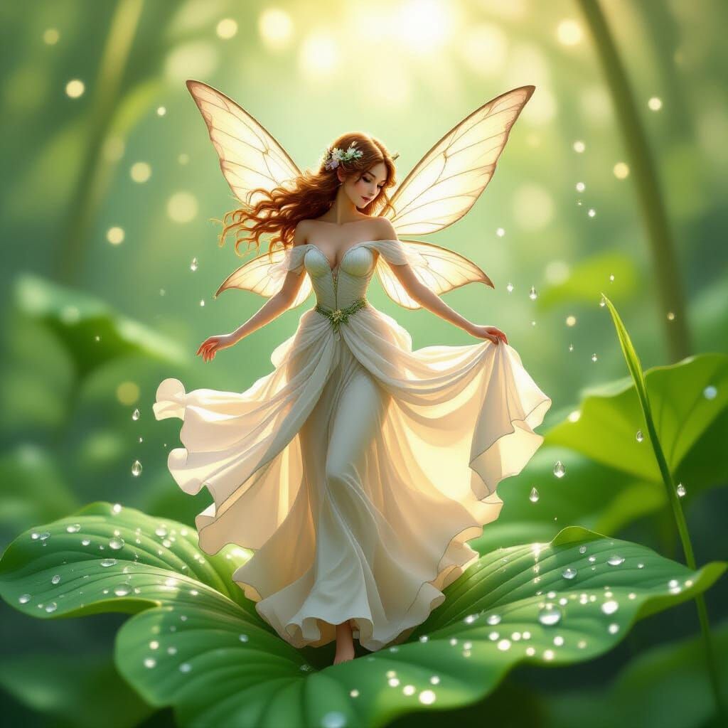 Delicate Fairy Dancing in Dew Drops: Fantasy Art