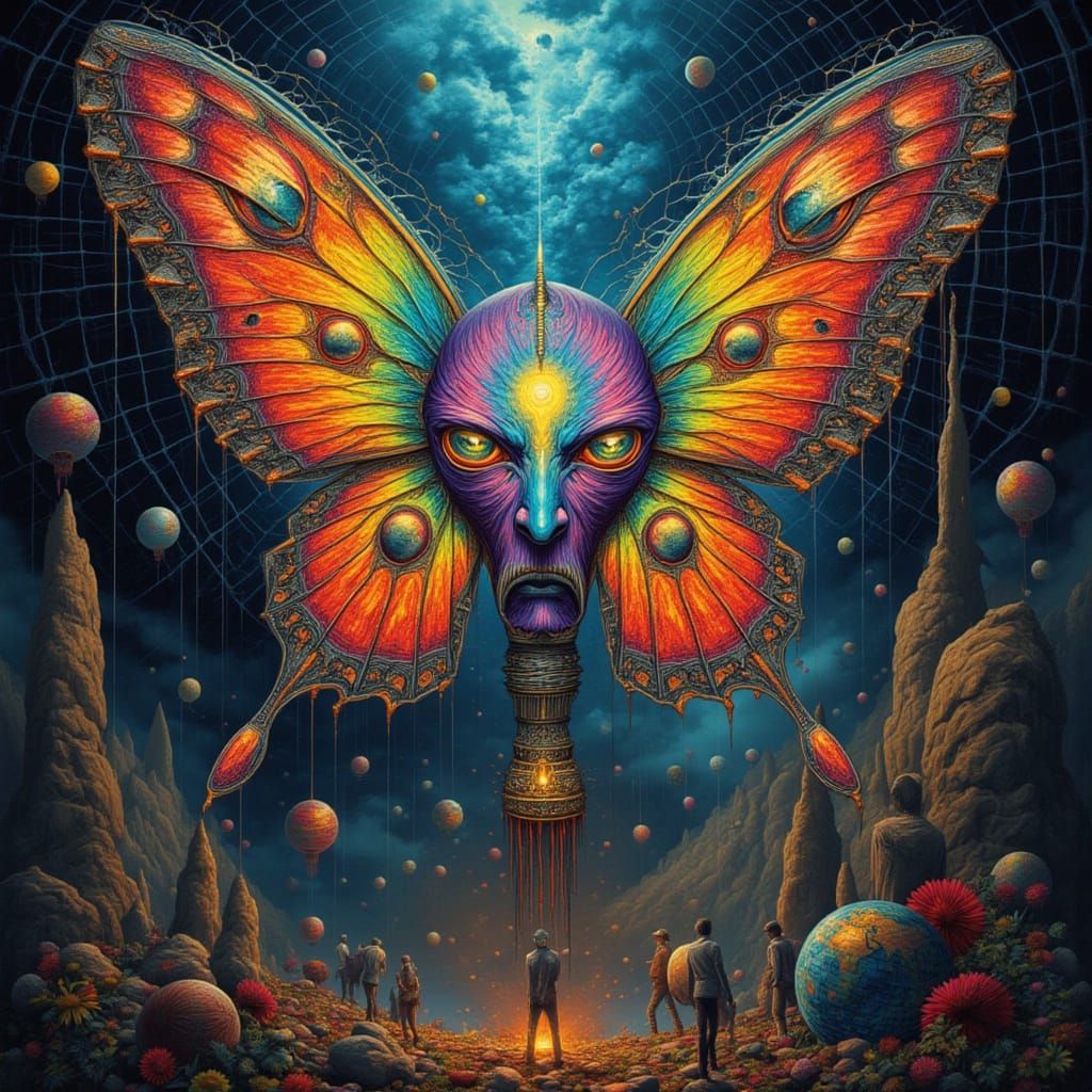 Surreal Lightbulb Balloon in Rainbow Spiderweb