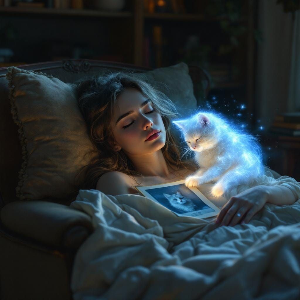 Ethereal Cat Ghost Comforts Sleeping Woman