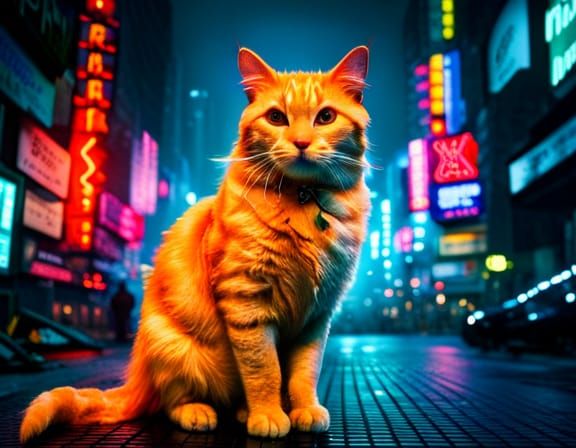 Cyberpunk Cat in Kowloon Walled City, Hyperrealistic Photo
