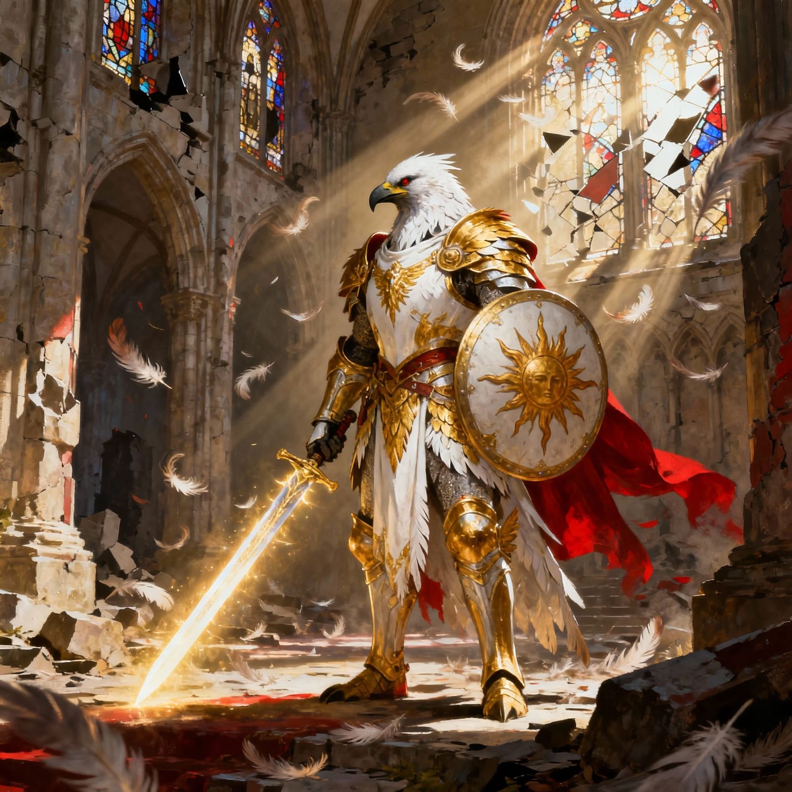 Kenku Paladin in Radiant Armor with Glowing Sword