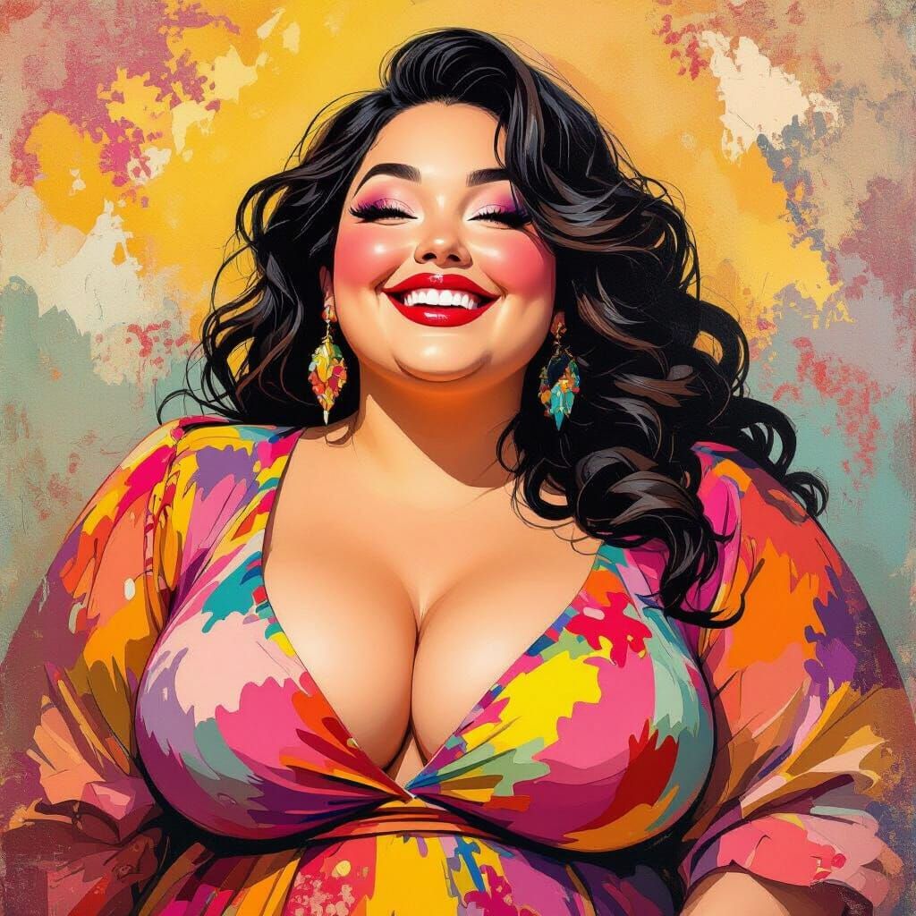 Curvy Woman's Radiant Smile in Whimsical Art Style