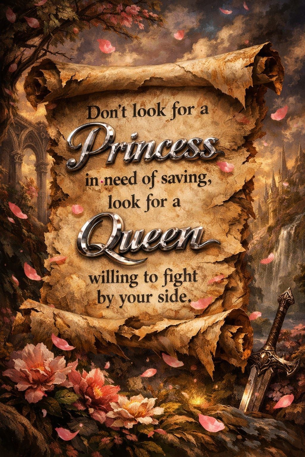 Queen's Resolve: Empowering Message on Tattered Scroll