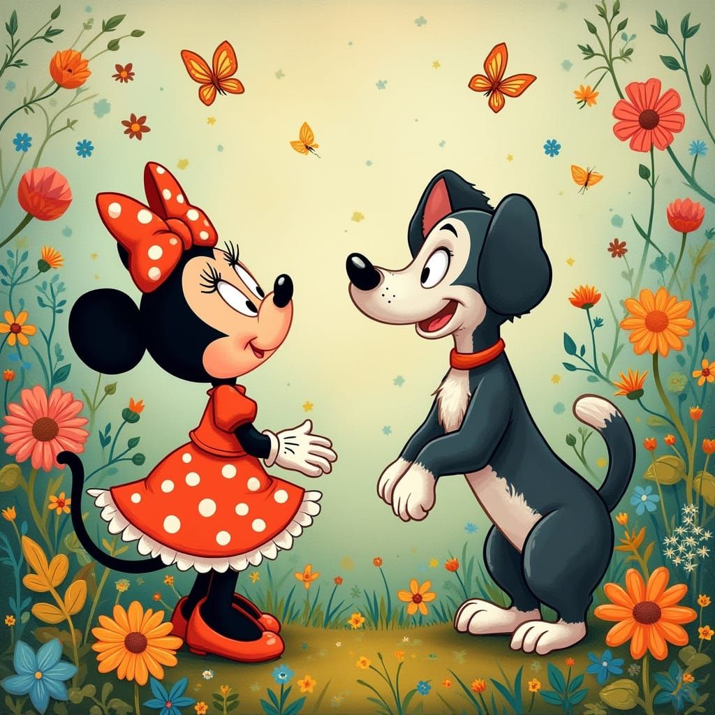 Cat and Dog in Whimsical Garden, Cartoon Style