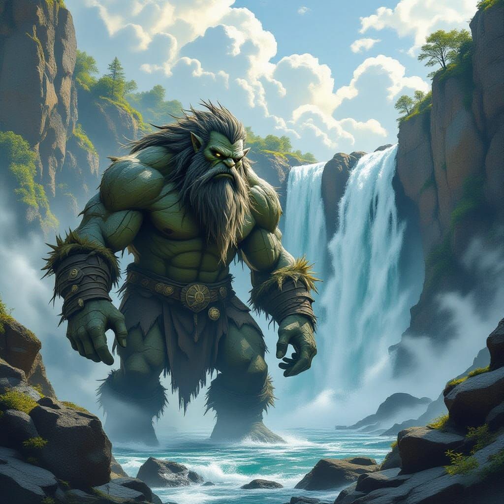 Norse Troll Lurks Near a Roaring Waterfall in Fantasy Concep...