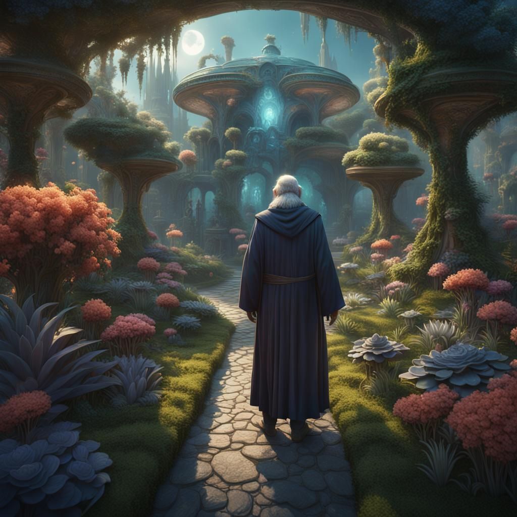 Old Man in Alien Garden: Fantasy Concept Art
