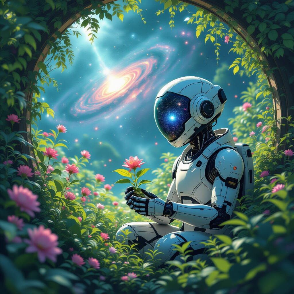 Celestial Botanist Cultivating Stellar Flora in Ethereal Gar...