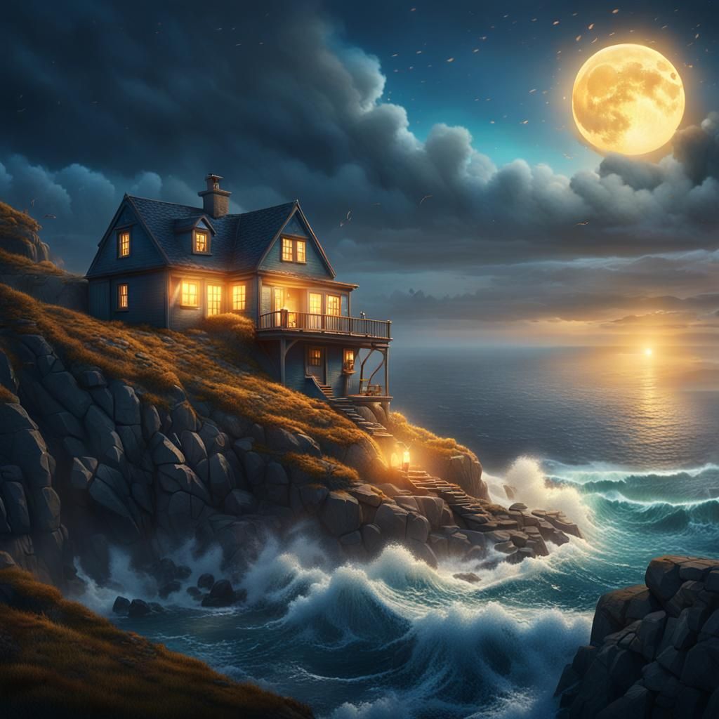 Clifftop Cottage Overlooking Moonlit Sea