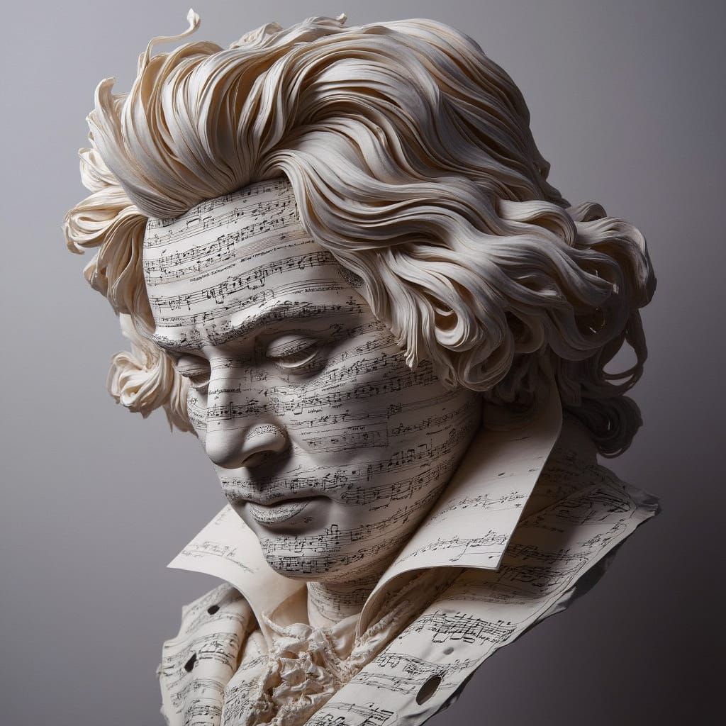 Hyper-Realistic Paper Sculpture of Beethoven in Moody Light
