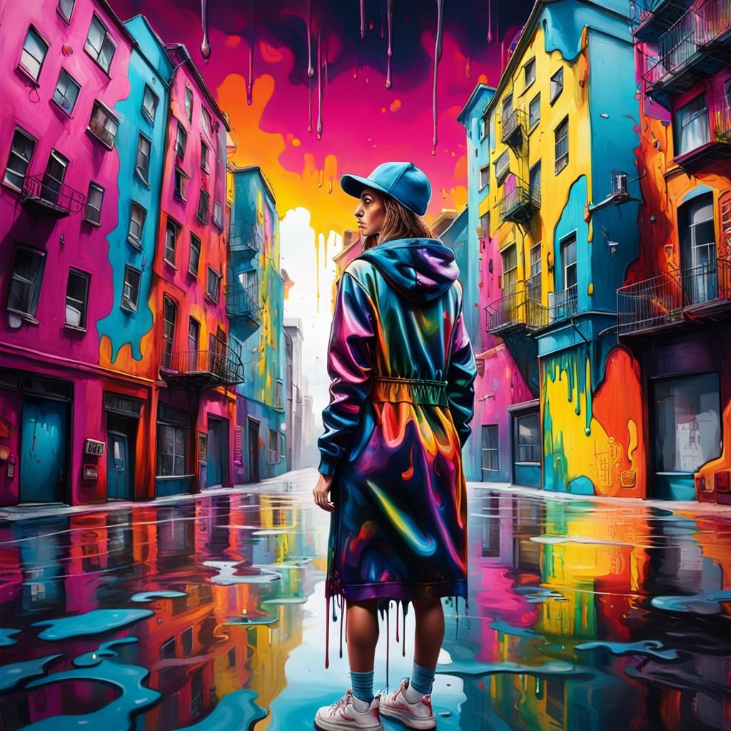 Vibrant Graffiti Art: Melting Cityscape Surrealism