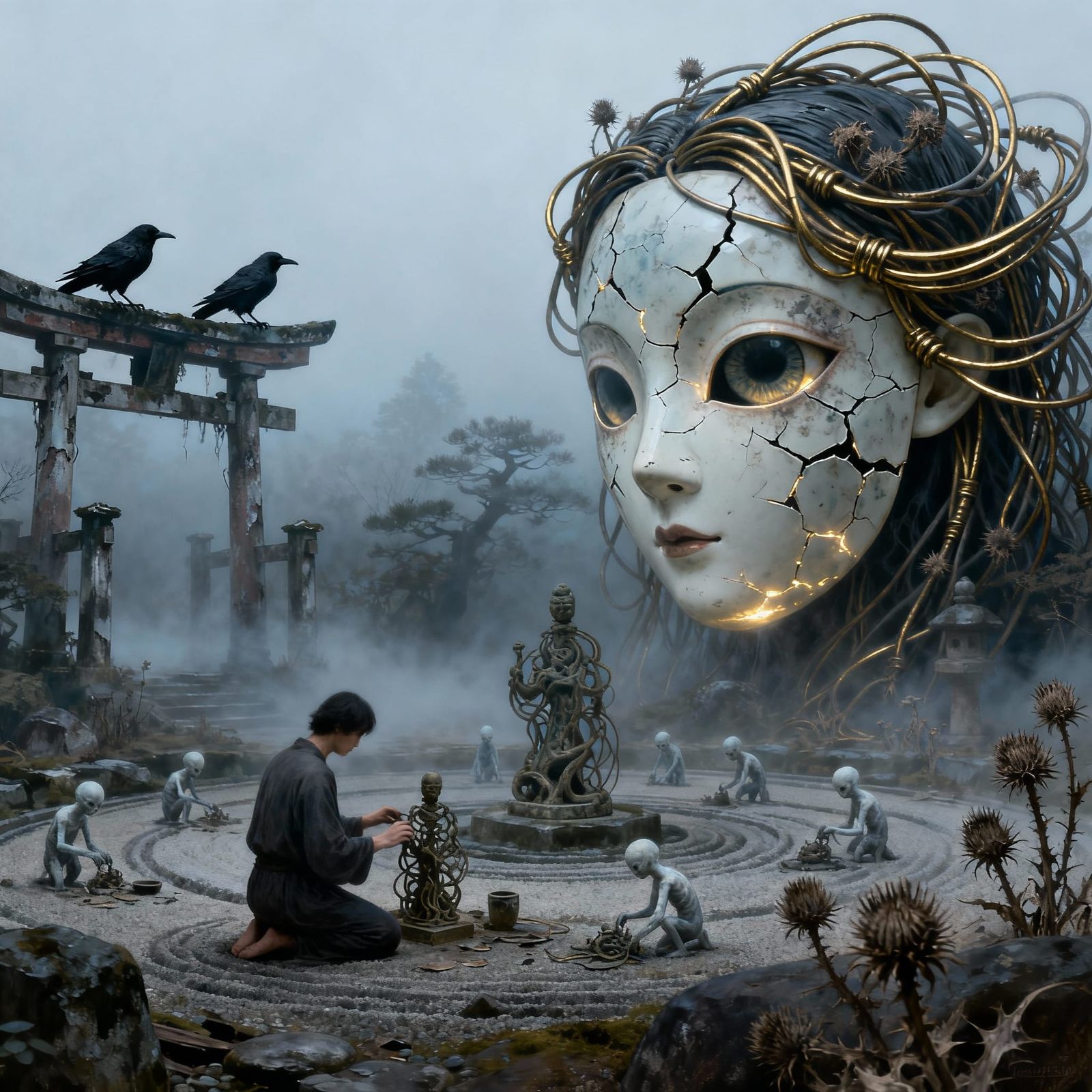 Fractured Mask with Brass Hair and Thistles in Derelict Gard...