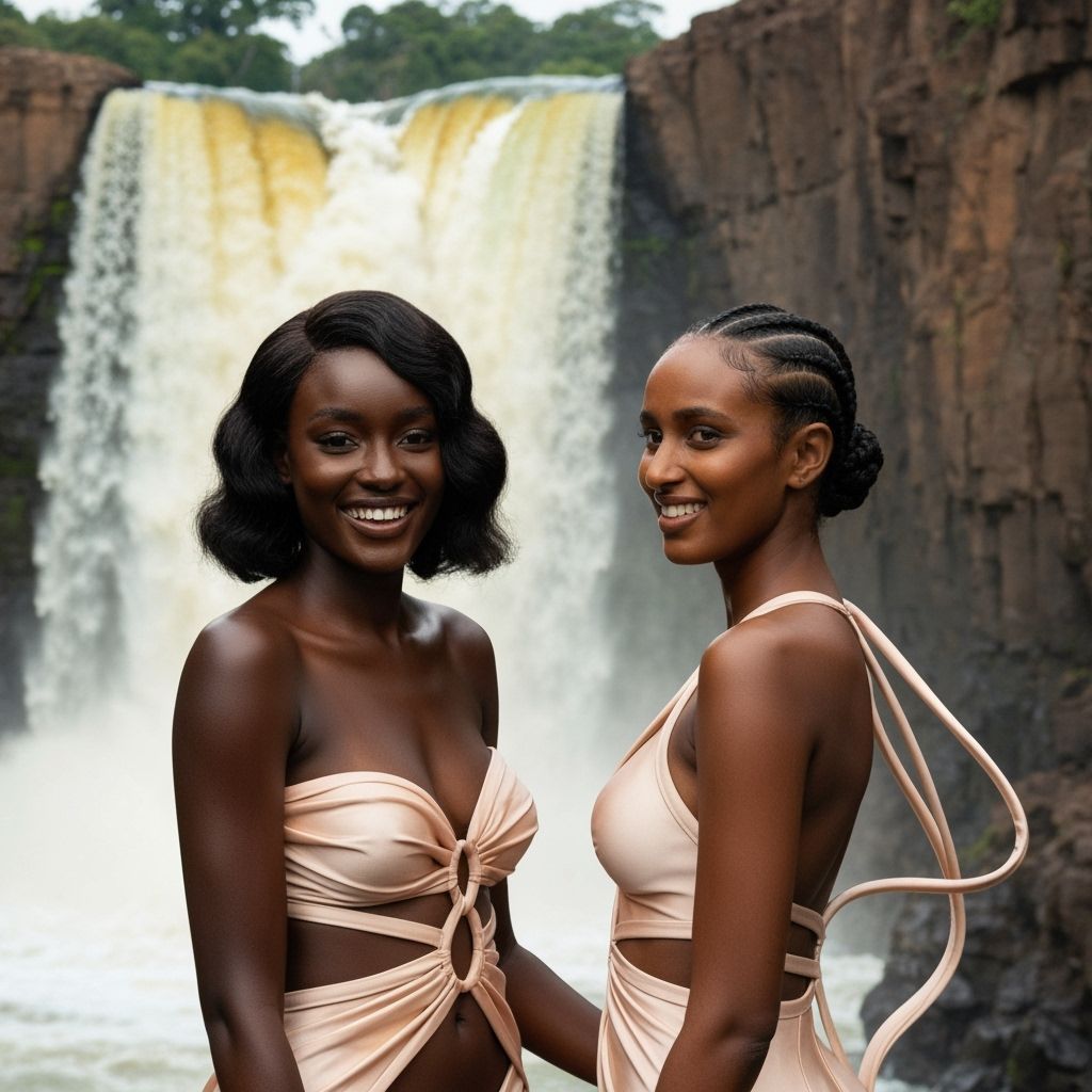 Elegant Women Admire Murchison Falls in Kinetic Couture