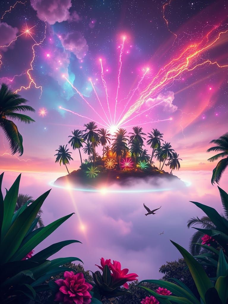 Neon Mystical Island Amidst Cosmic Radiance