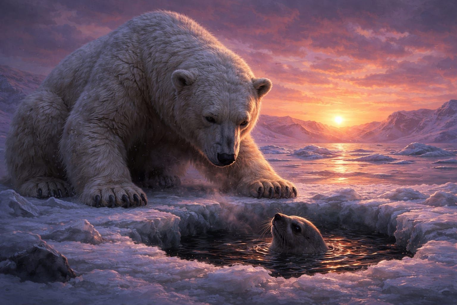 Dramatic Polar Bear Hunts Seal at Sunset