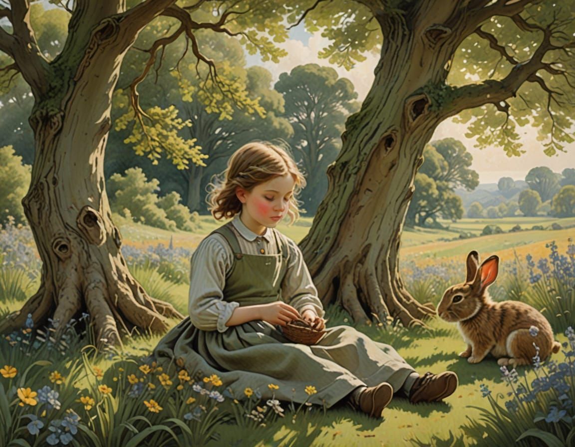 Peaceful Child in Oak Tree Shade, Pet Rabbit by Side