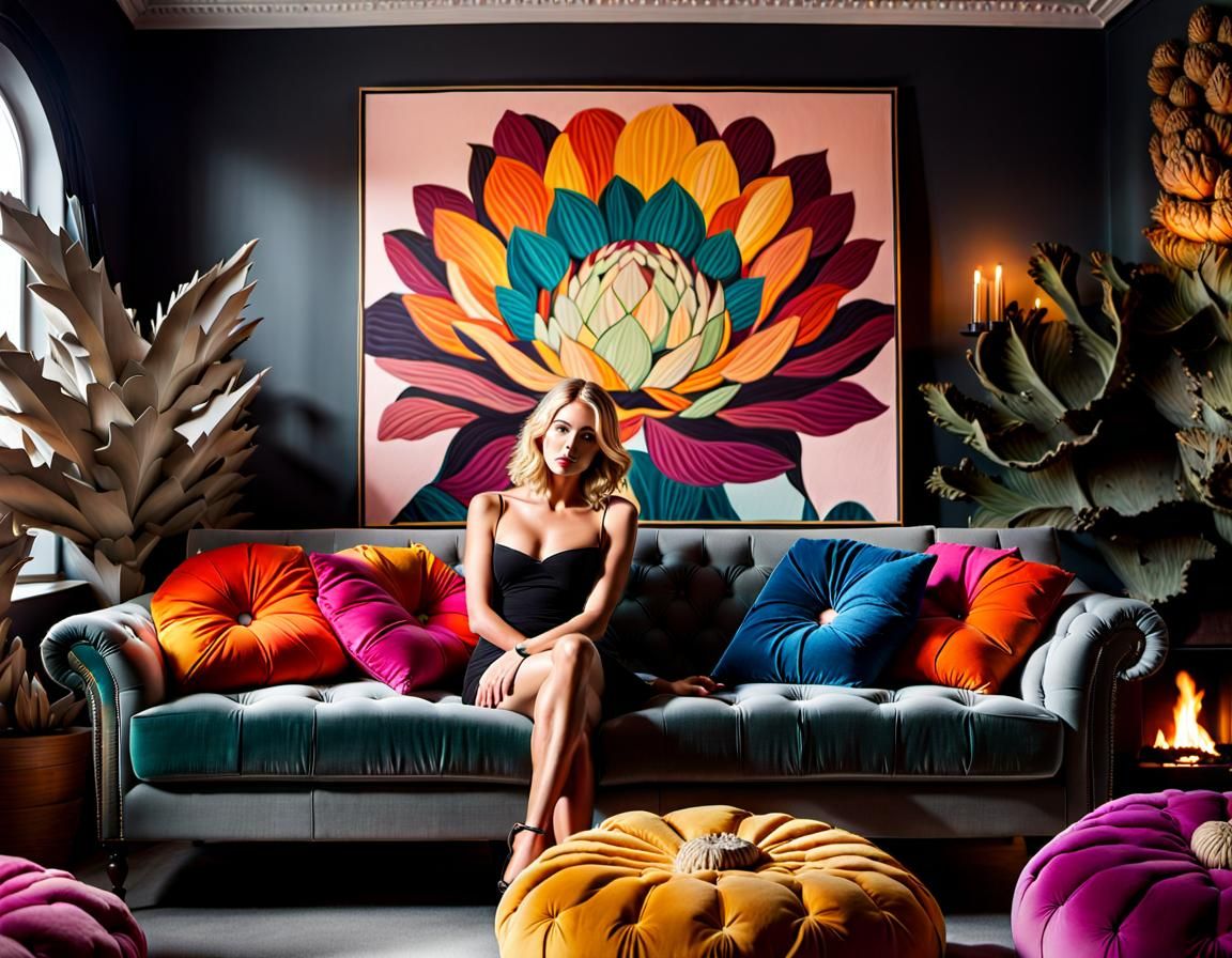Cozy Maximalist Interior with Blonde Woman on Sofa