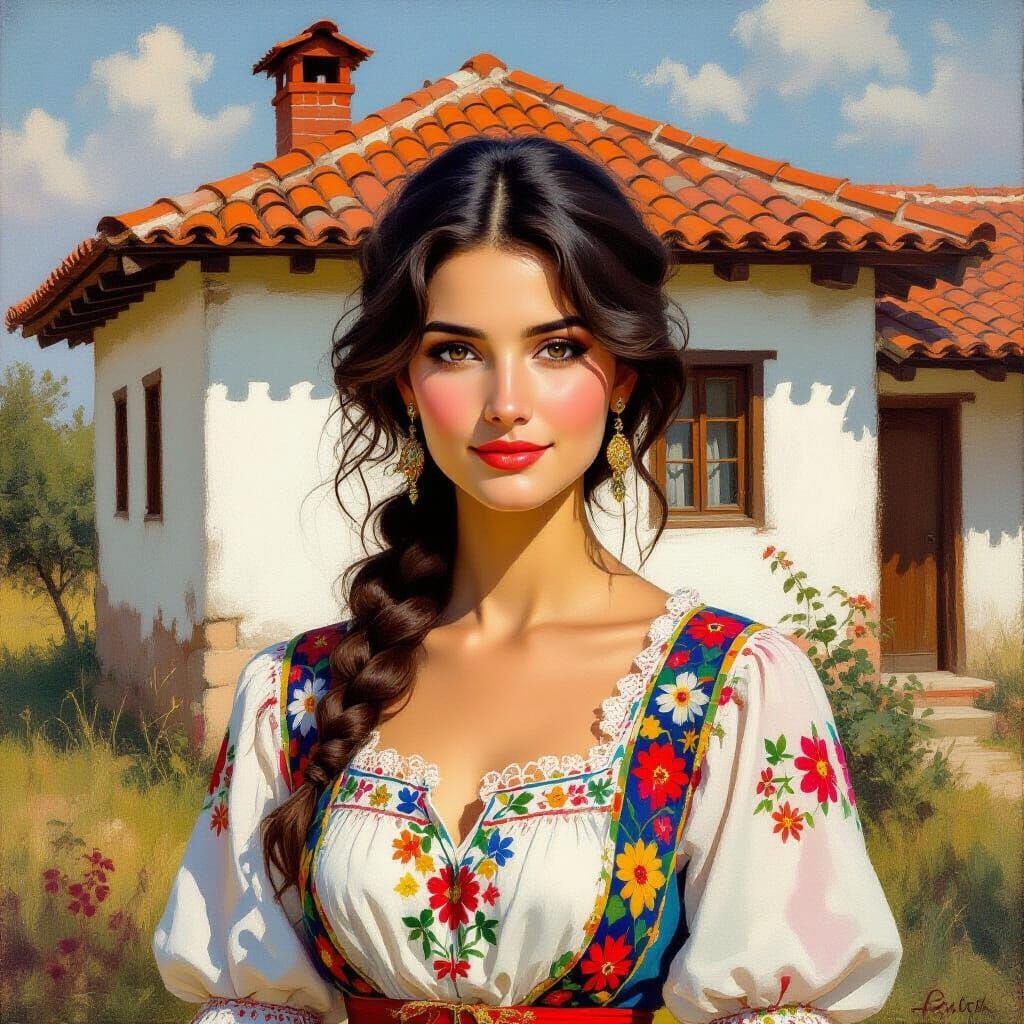 Bulgarian Woman in Folk Dress Before Traditional House