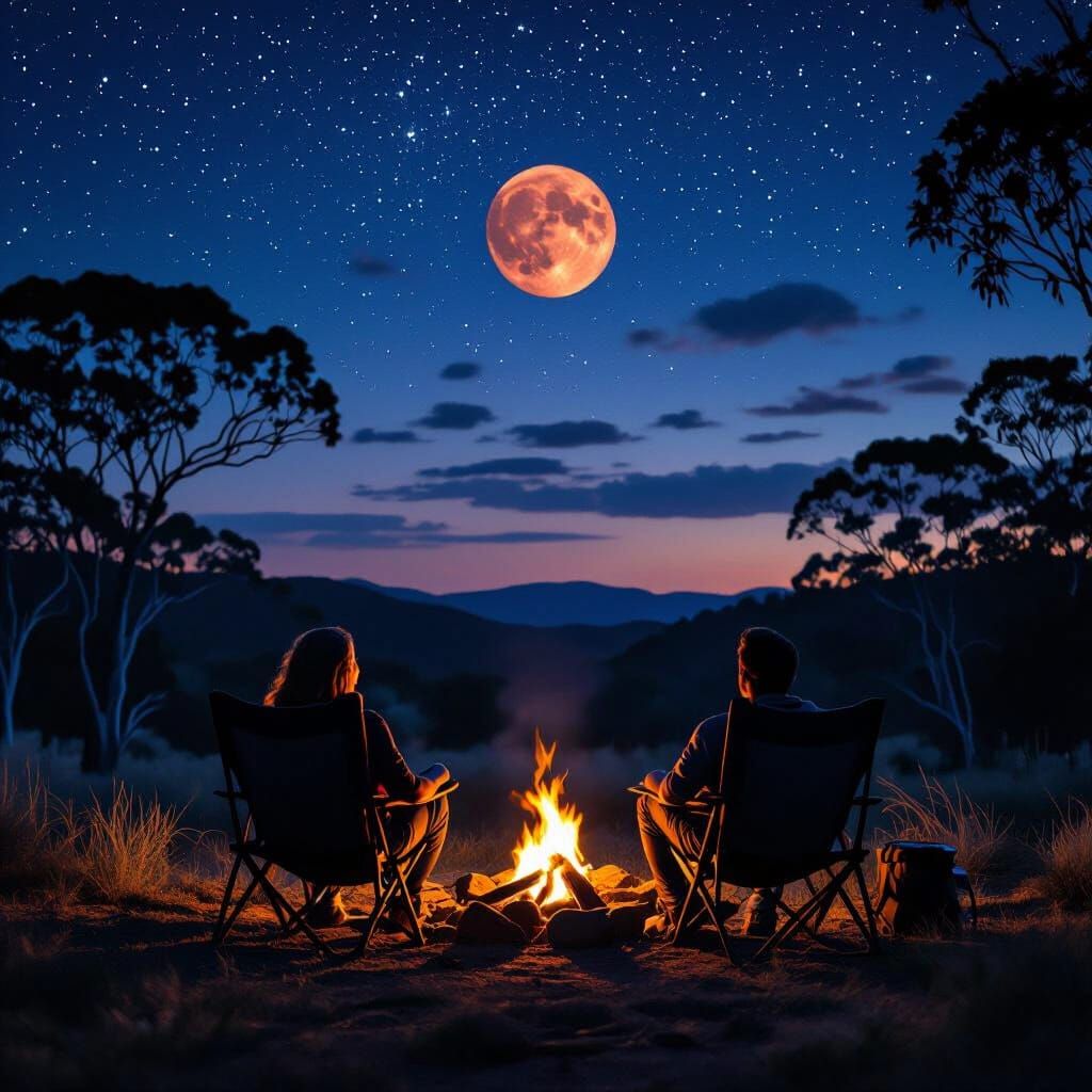 Campfire Under Red Moon in Australian Bush