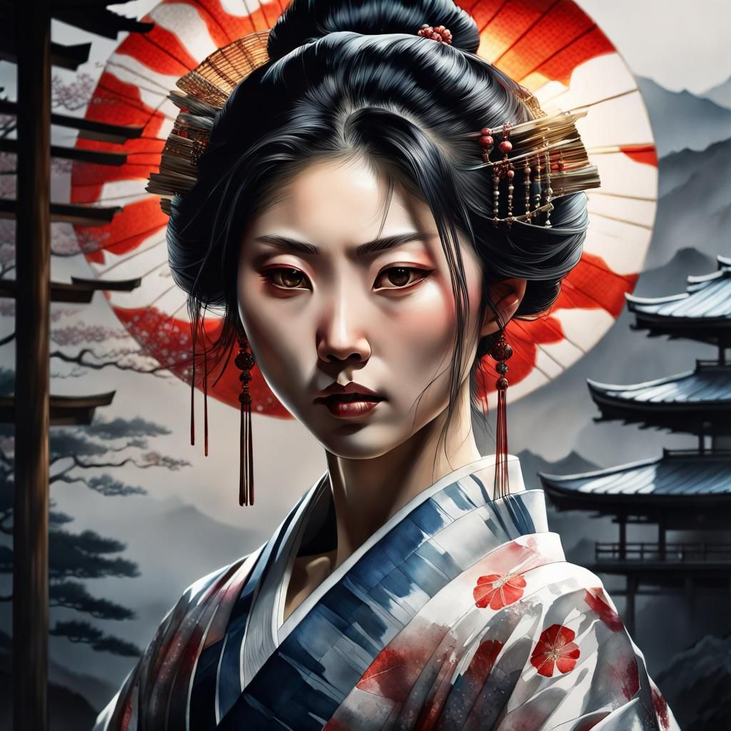 Powerful Woman Embodies Traditional Japan in Cel-Shaded Art