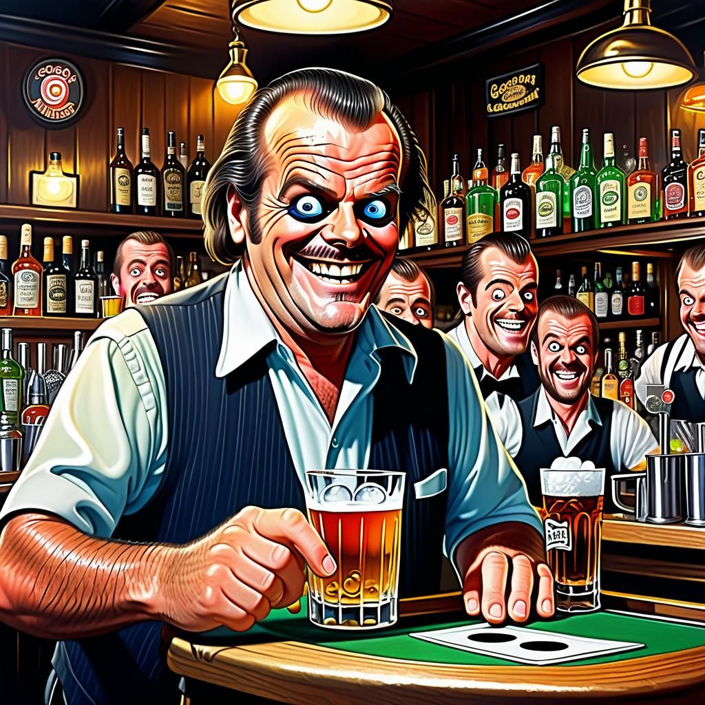Humorous Comic Art: Bartenders in a Pub