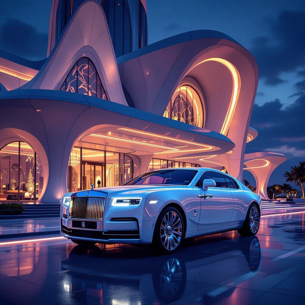 Rolls Royce and Futuristic Palace in Retrofuturism Style