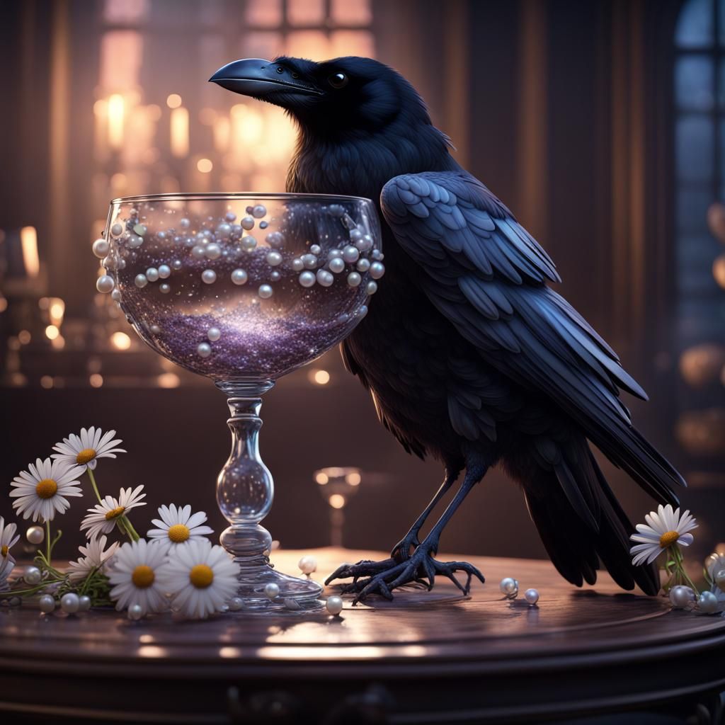 Raven on Wine Glass with Pearls in Detailed Matte Painting