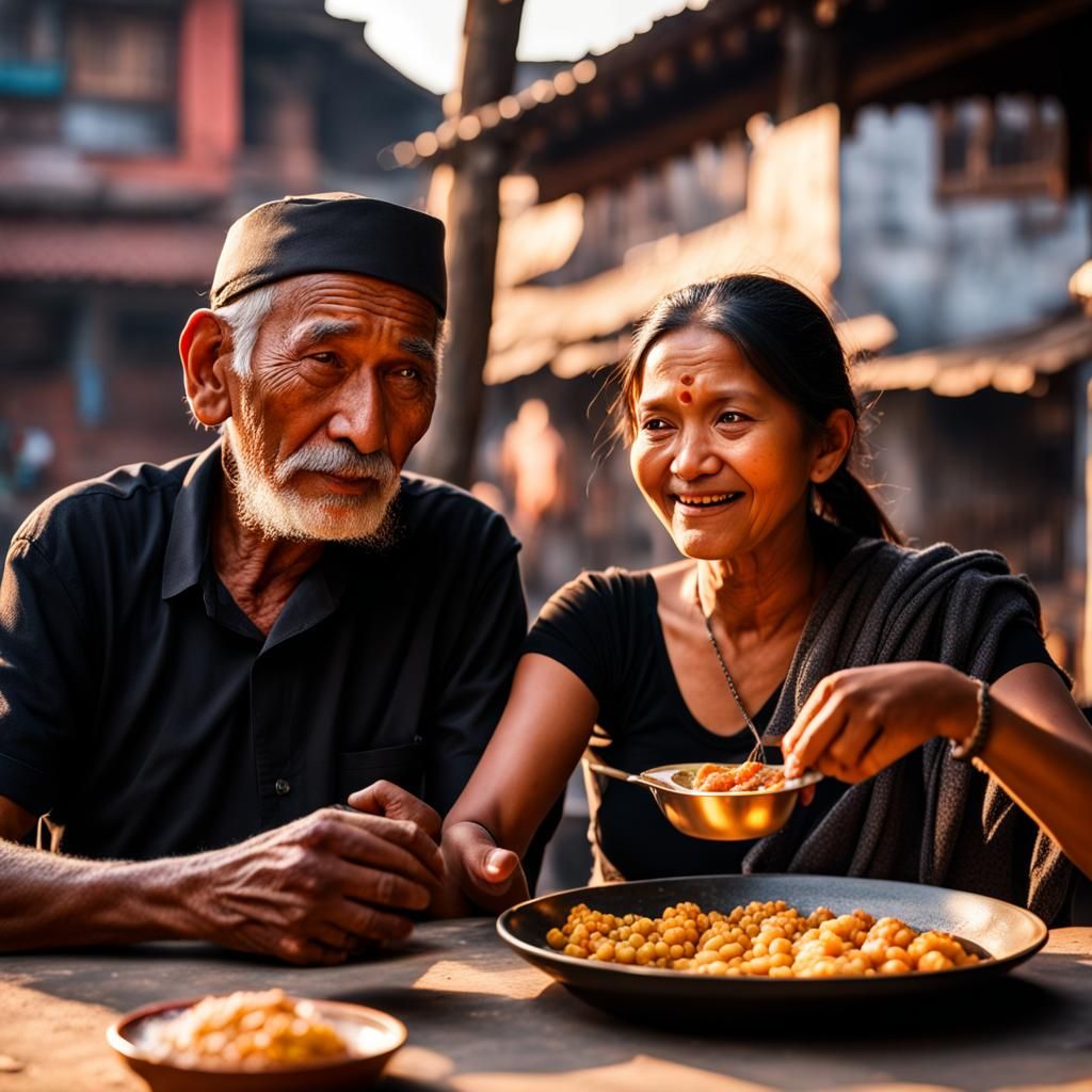 Old Man and Young Woman Eating Momo in Basantapur