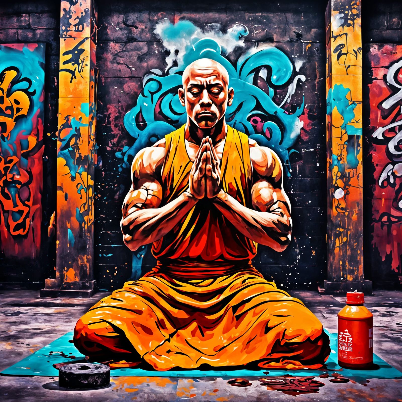 Muscular Monk Meditating: Graffiti Art in Gym