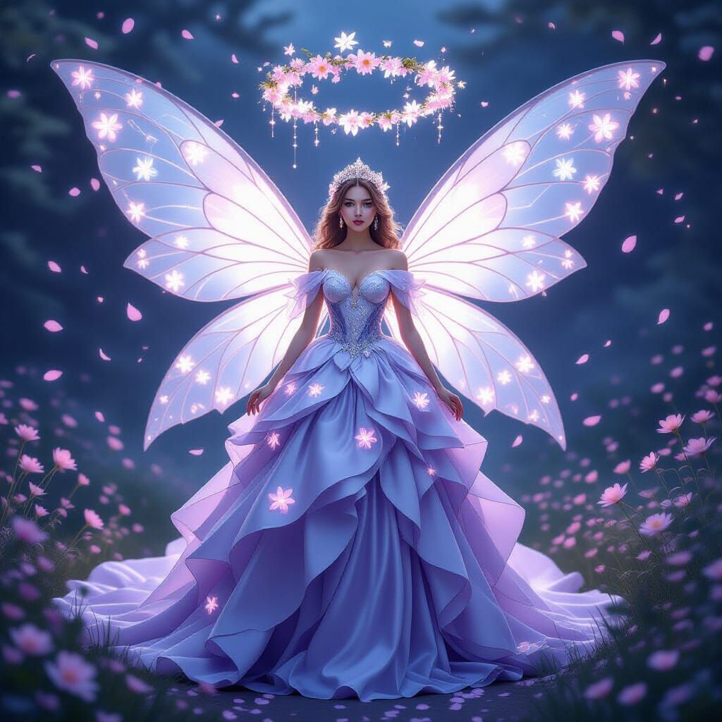 Moon-and-Flower Princess with Floral Wings, Hyperrealistic F...