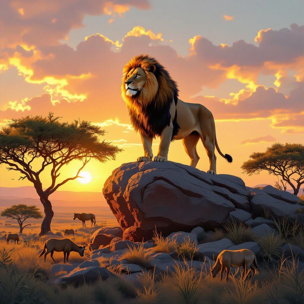 Lion at Sunset: Photorealistic Hyperrealism