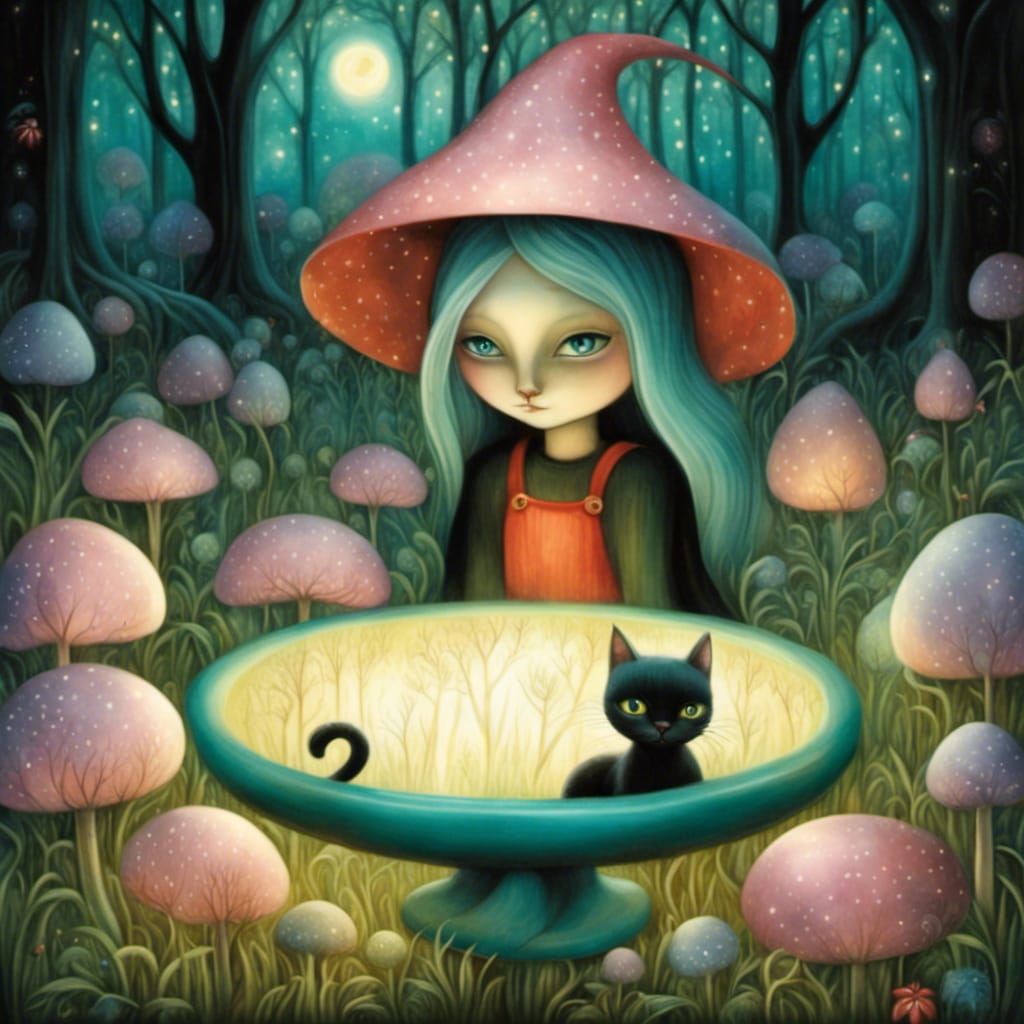 Enchanted Forest: Black Cat and Magical Tree