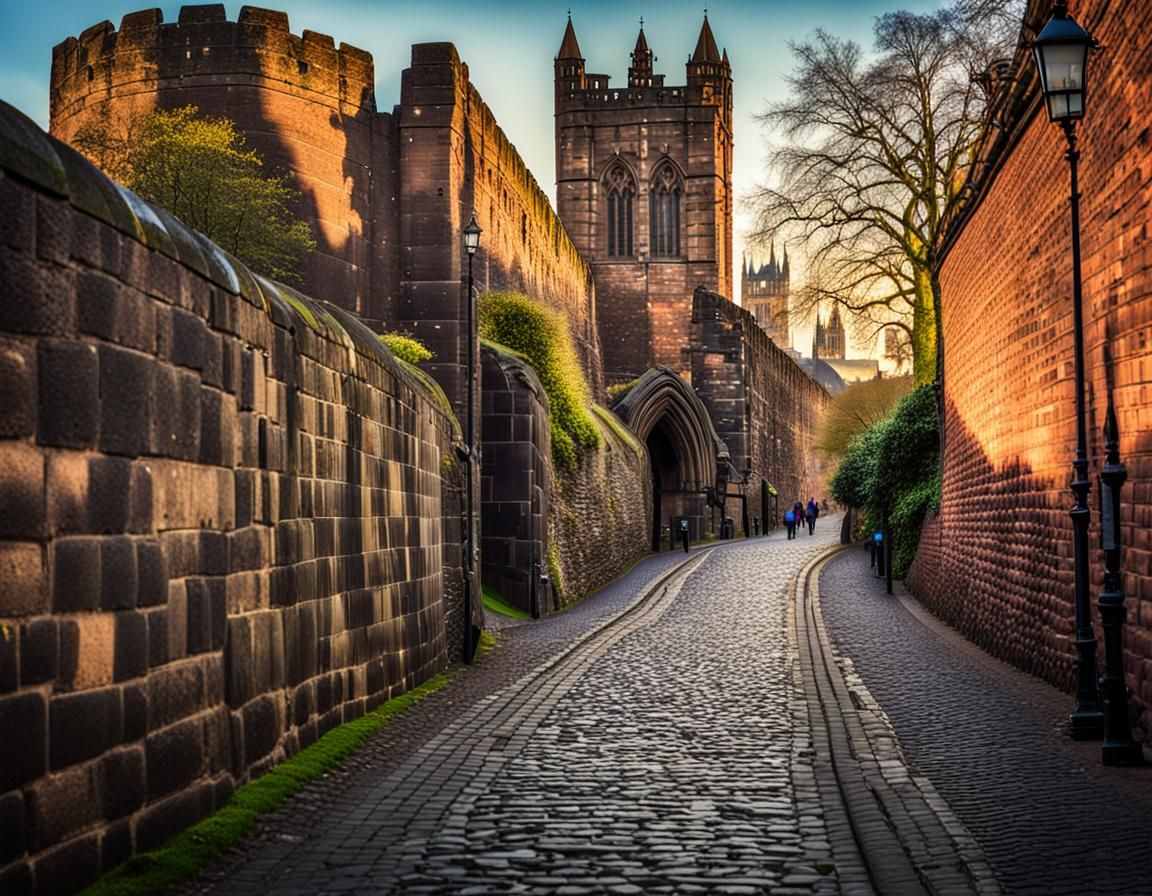 Chester city walls with Chester cathedral behind