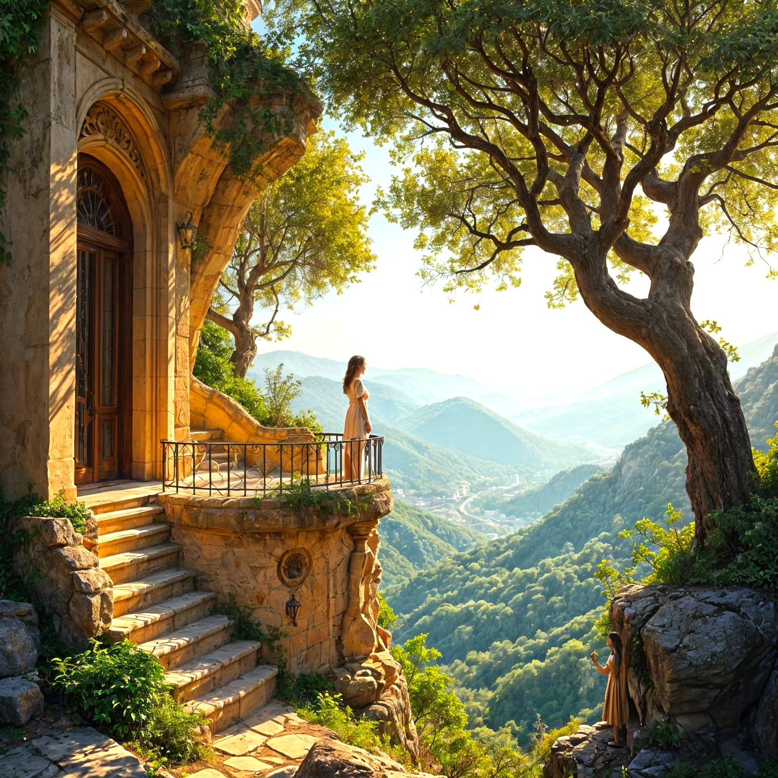 Woman Overlooks Lemon Valley from Art Nouveau Cliff Home
