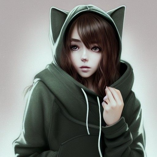 Fox-Eared Girl in Black Hoodie: Digital Illustration