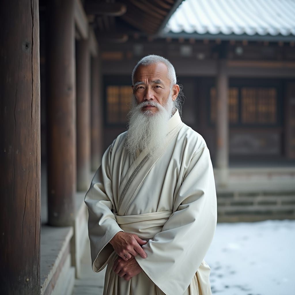 Realist Asian Monk in Winter Japanese Temple